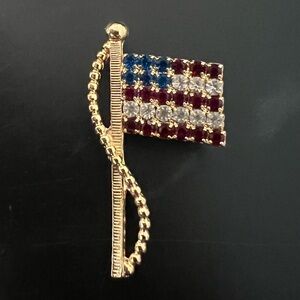 Vintage Rafaelian Signed American Flag Rhinestone Brooch Pin